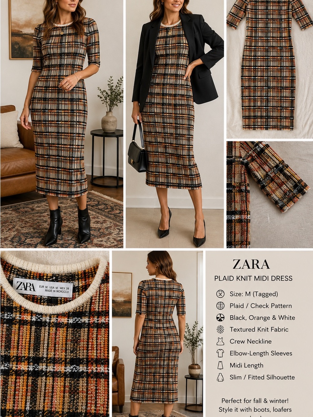 Zara Plaid Knit Midi Dress – Size M